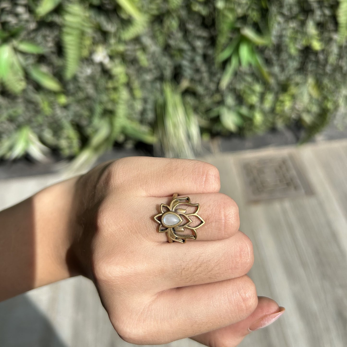 moonstone lotus brass ring