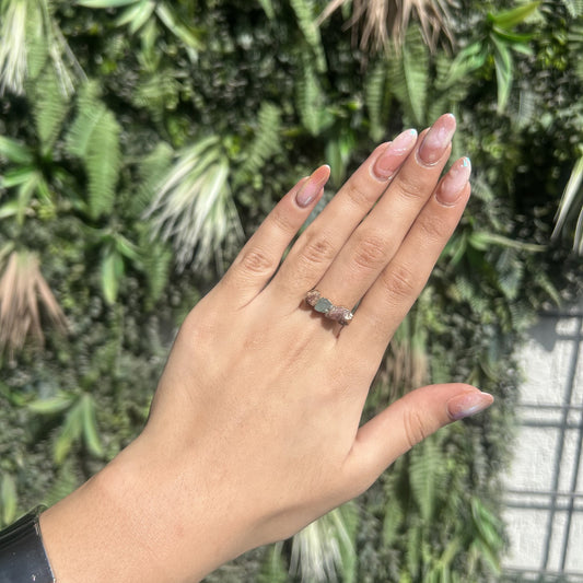 raw aquamarine and rose quartz three stone ring
