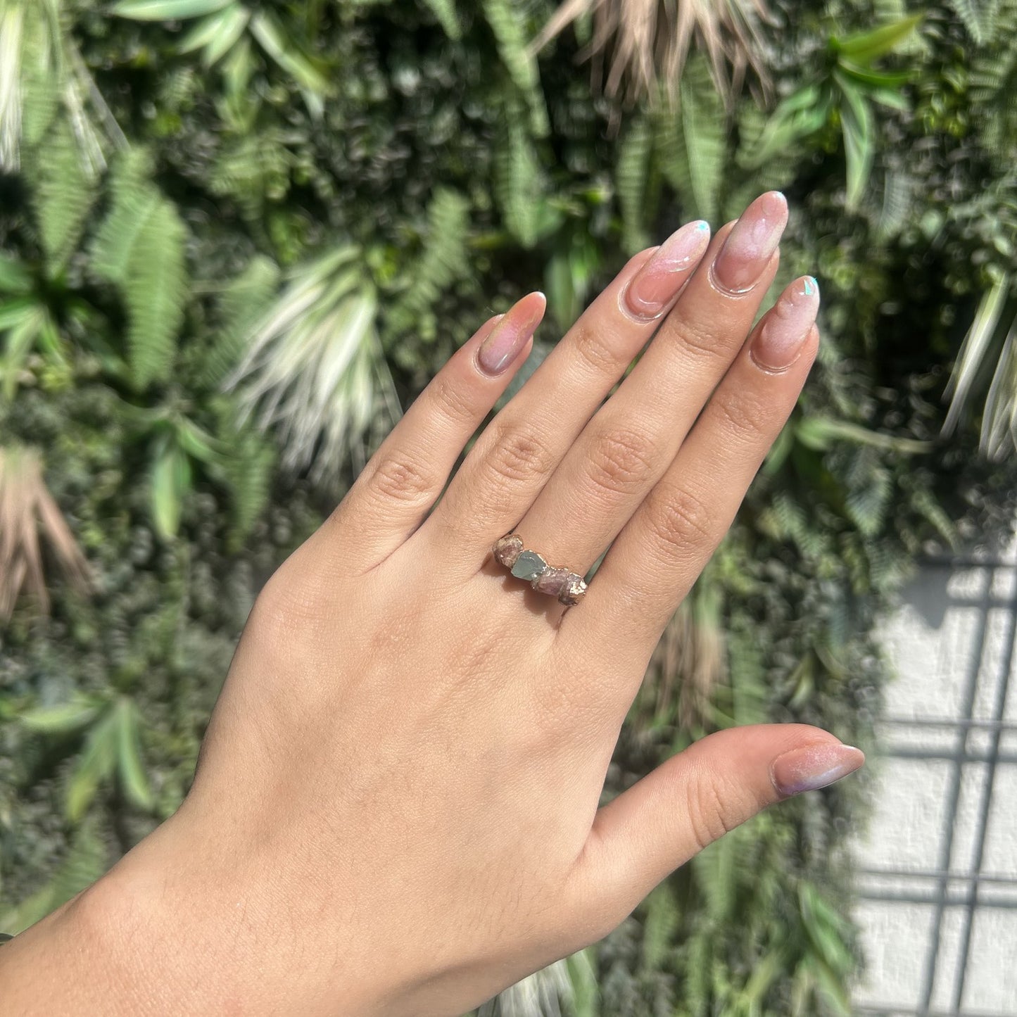 raw aquamarine and rose quartz three stone ring