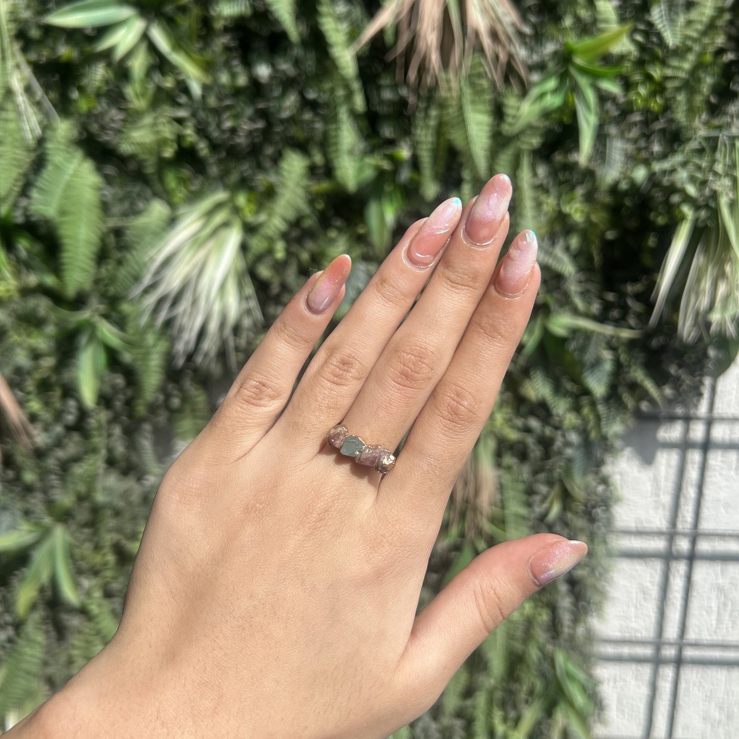 raw aquamarine and rose quartz three stone ring